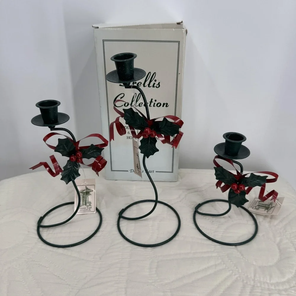 Vintage Dennis East Trellis Holly Ribbon Candlestick Set‎ Of 3 Christmas Decor